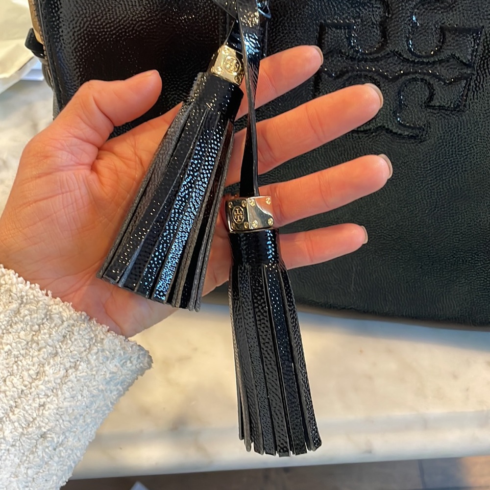 Tory Burch Black Patent Leather Tote with Tassel Detail - Picture 7 of 16